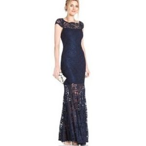 Nightway Navy Mermaid Illusion Gown
